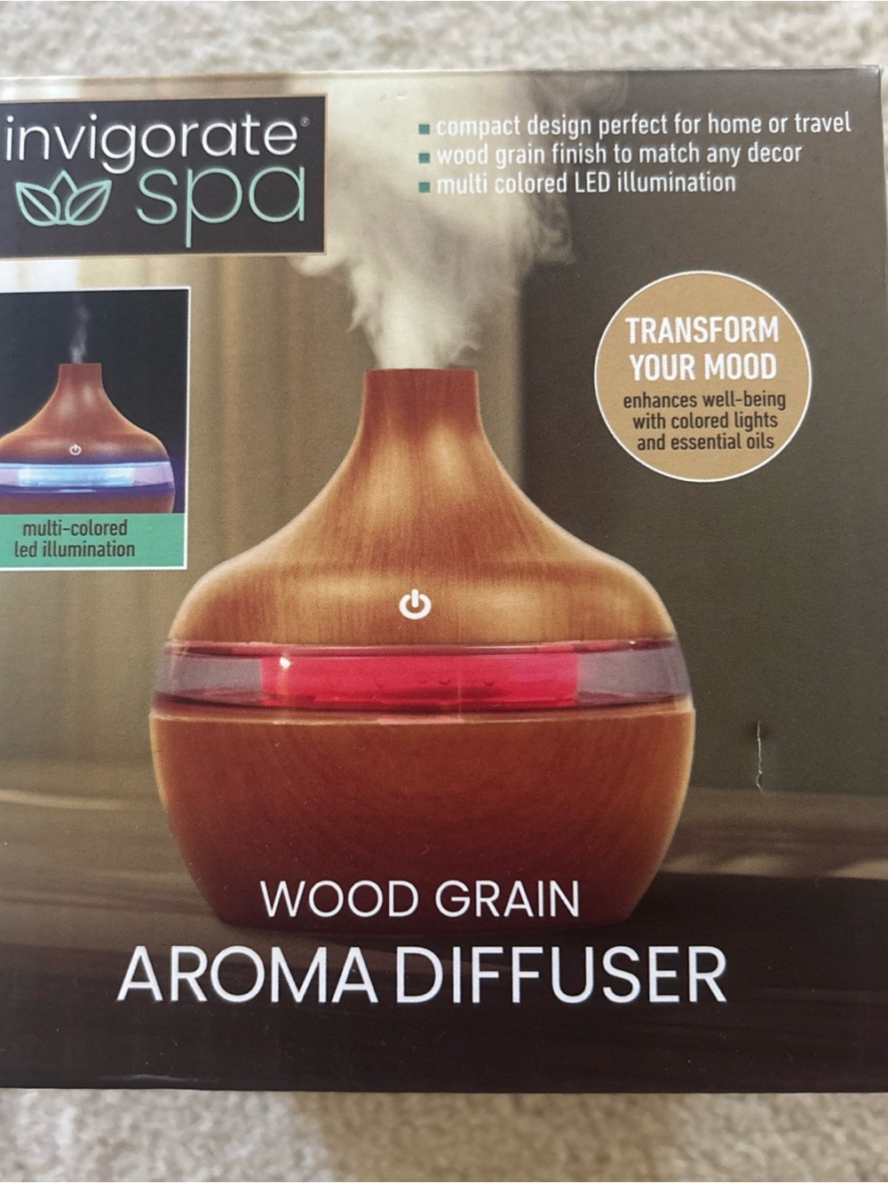 Invigorate Spa Wood-Grain Aroma Diffuser in Brown with LED Accent